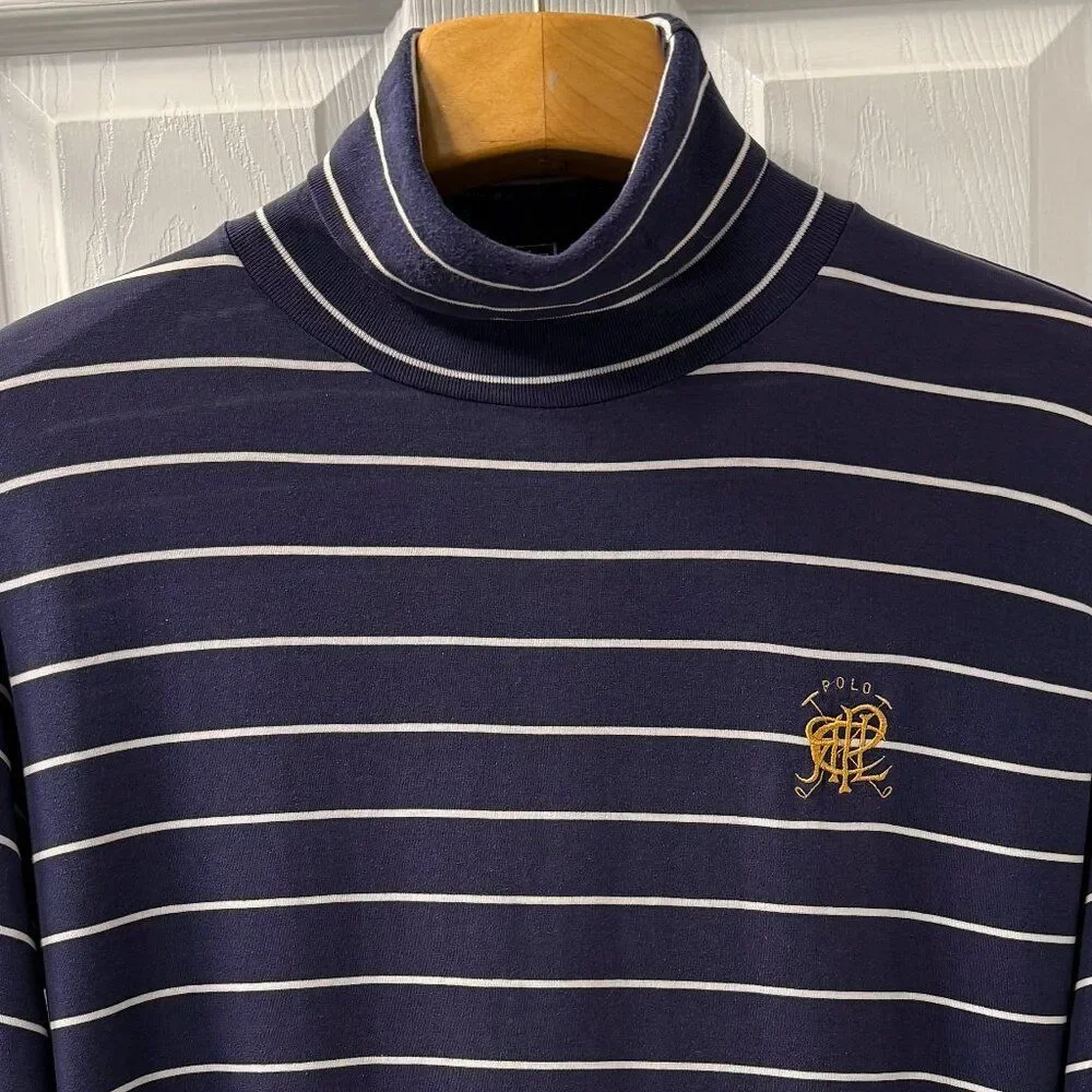 Vintage Polo Ralph Lauren Scribble PRLC Navy White Striped Turtleneck Size XL